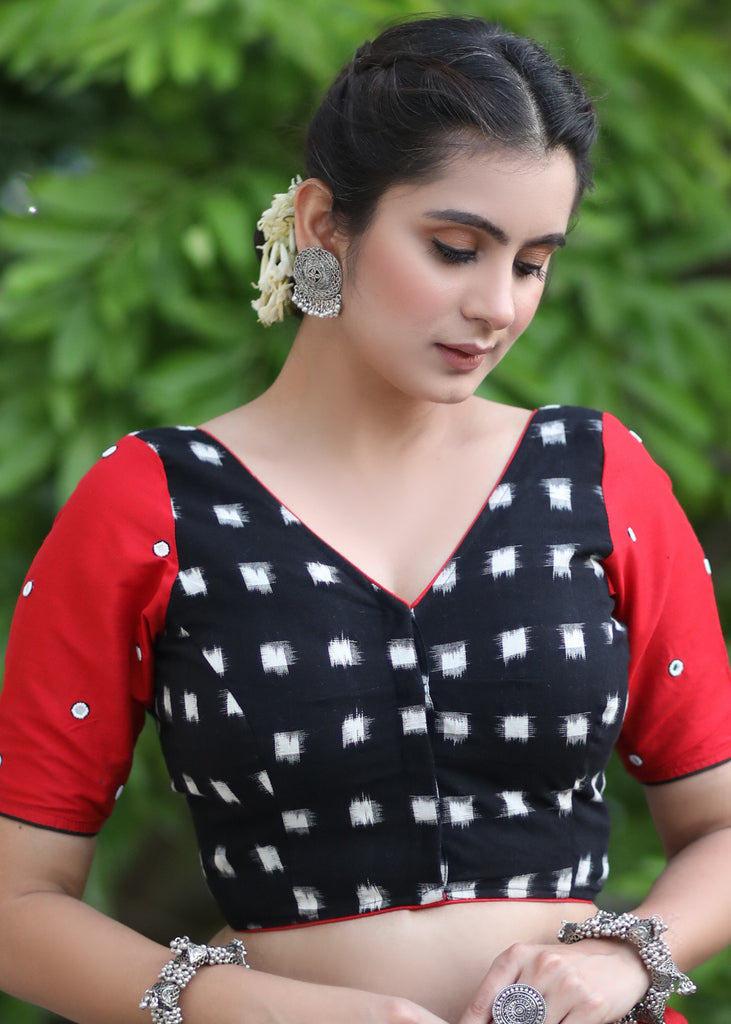 Standout Black Ikat Cotton Blouse with Red Cotton Silk Sleeves and Mirrorwork Detailing