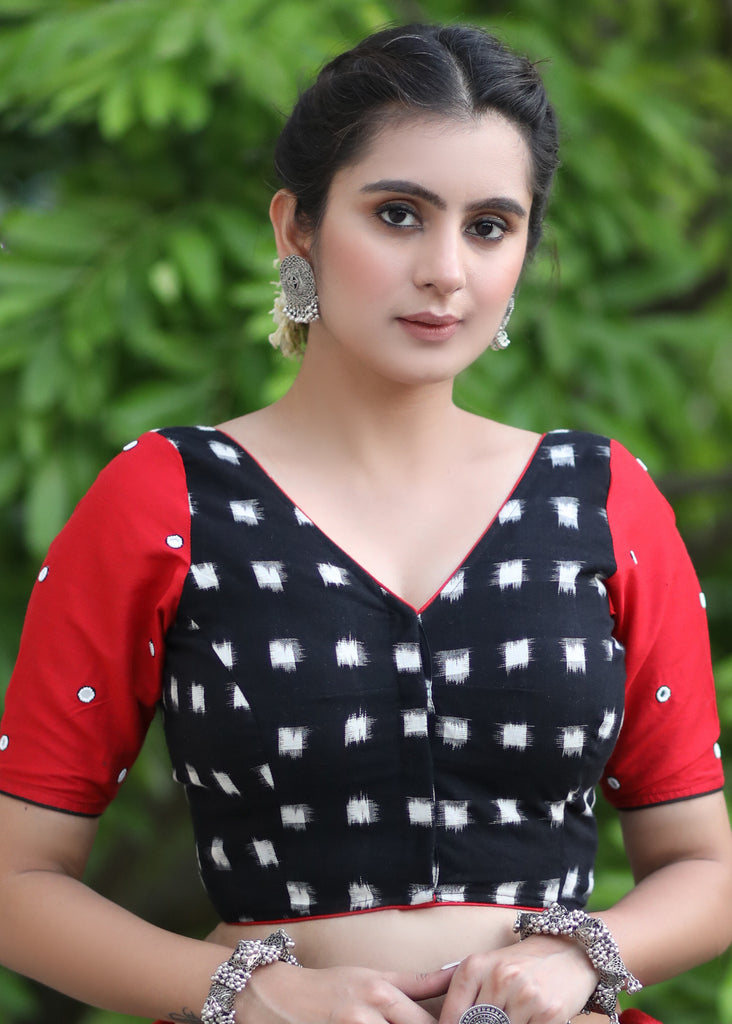 Standout Black Ikat Cotton Blouse with Red Cotton Silk Sleeves and Mirrorwork Detailing