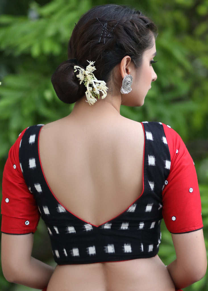 Standout Black Ikat Cotton Blouse with Red Cotton Silk Sleeves and Mirrorwork Detailing