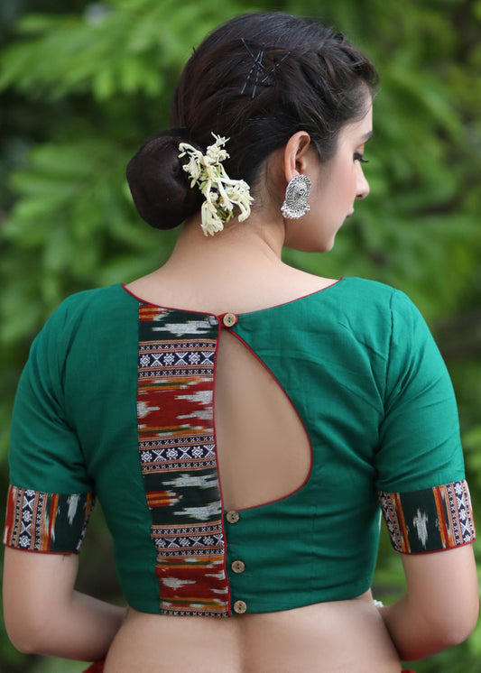 Trendy Bottle Green Cotton Blouse with Border Ikat Combination and Wooden Button Detailing at the Back