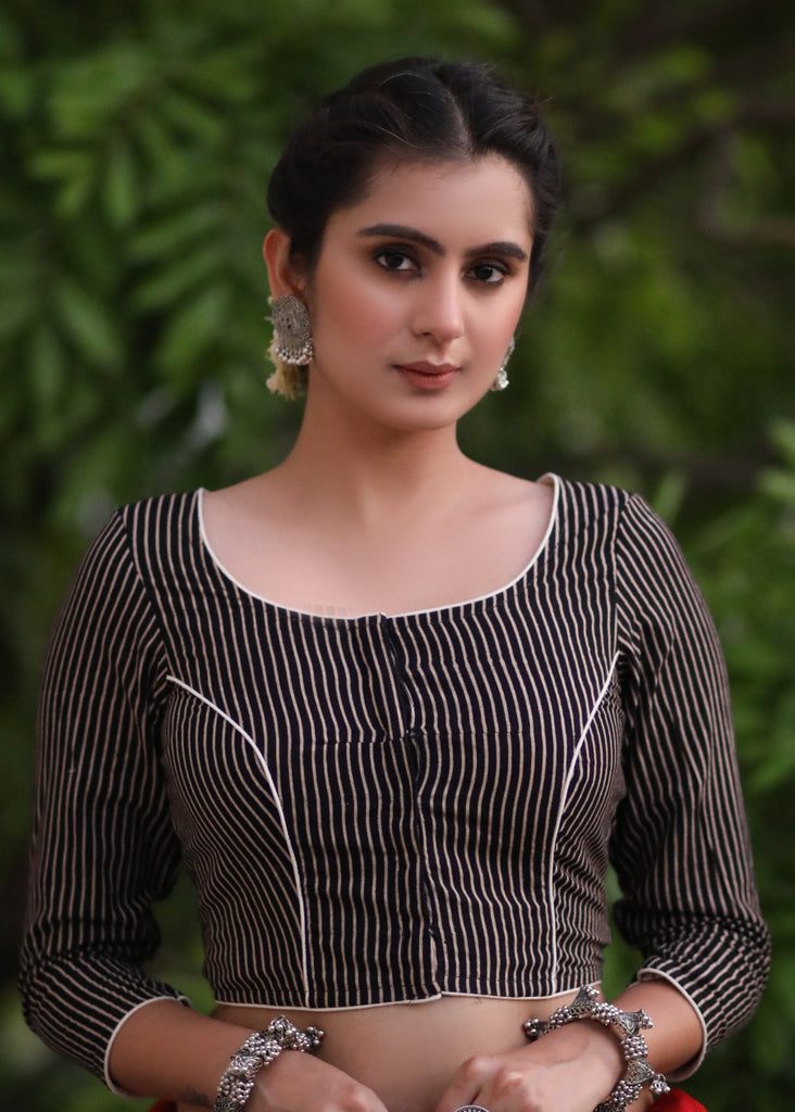 Exclusive Stripe Ajrakh Blouse with Leaf Cutout on the Back
