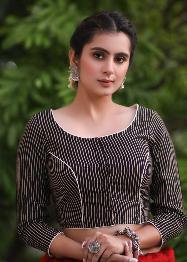 Exclusive Stripe Ajrakh Blouse with Leaf Cutout on the Back