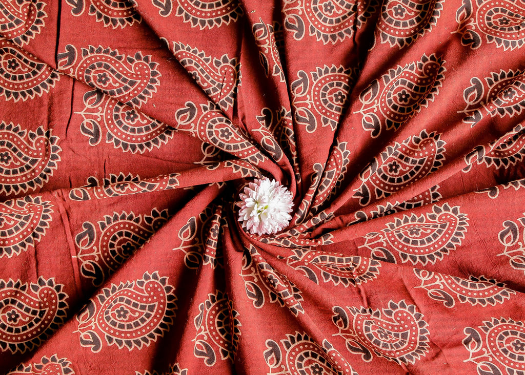 Light Maroon Paisley Block Printed Ajrakh Cotton Fabric