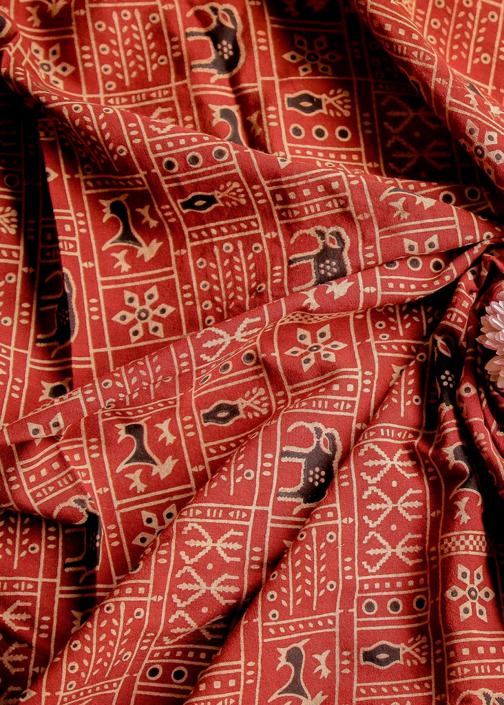 Rusty Maroon Miniature Elephant Motif Block Printed Ajrakh Cotton Fabric