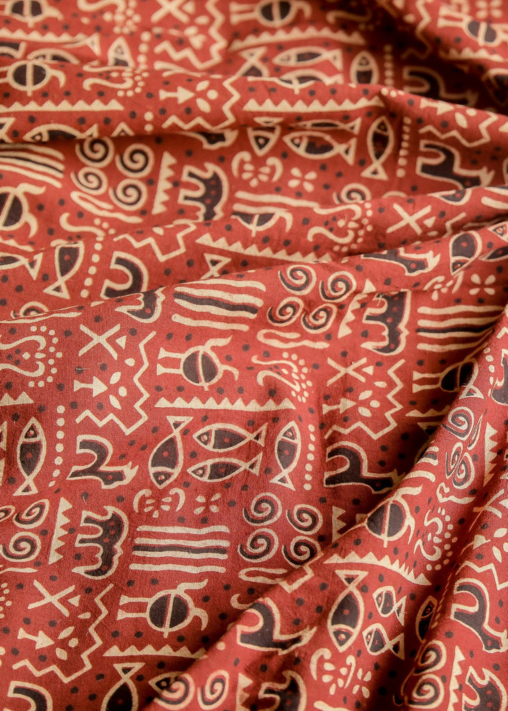 Maroon Block Printed Ajrakh Cotton Fabric with miniature Fish Motifs