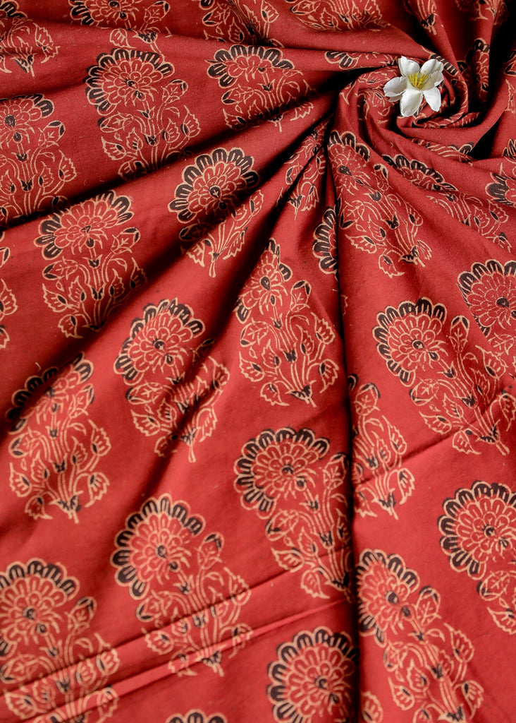 Maroon Block Printed Ajrakh Cotton Fabric with Floral Motifs