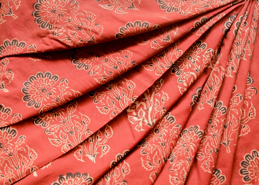 Maroon Block Printed Ajrakh Cotton Fabric with Floral Motifs