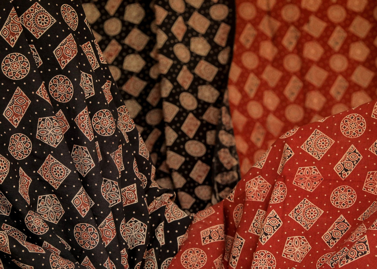 Black Block Printed Ajrakh Cotton Fabric with Geometrical Motifs