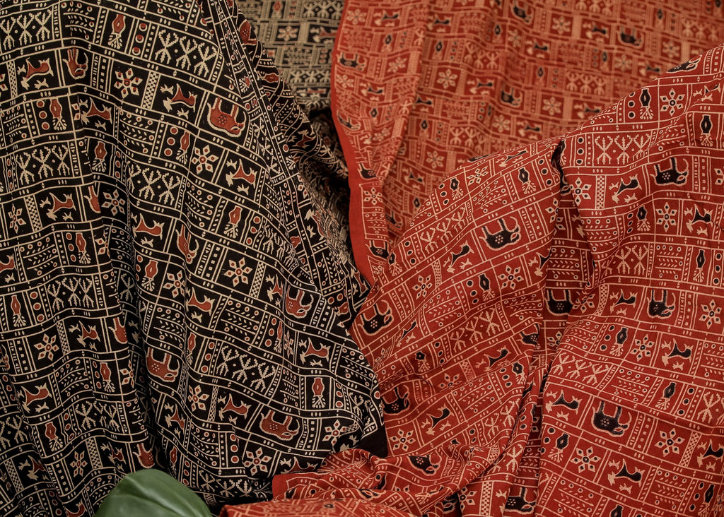 Black Block Printed Ajrakh Cotton Fabric with miniature elephant Motif