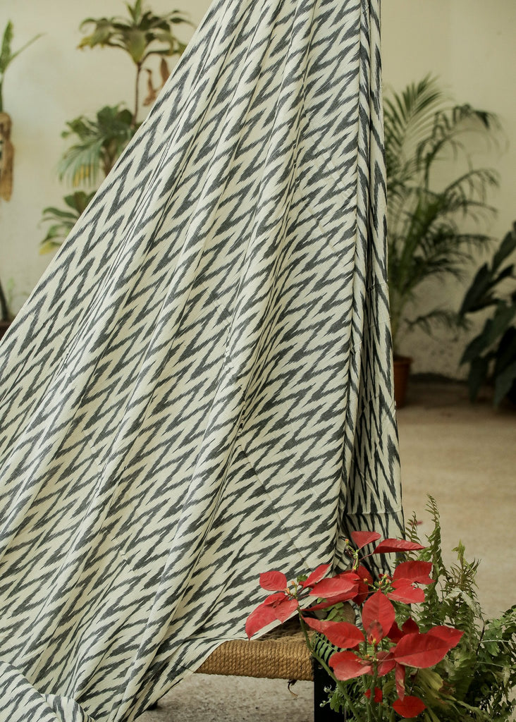 Pure Cotton Ikat Fabric with Black on White Zig Zag design