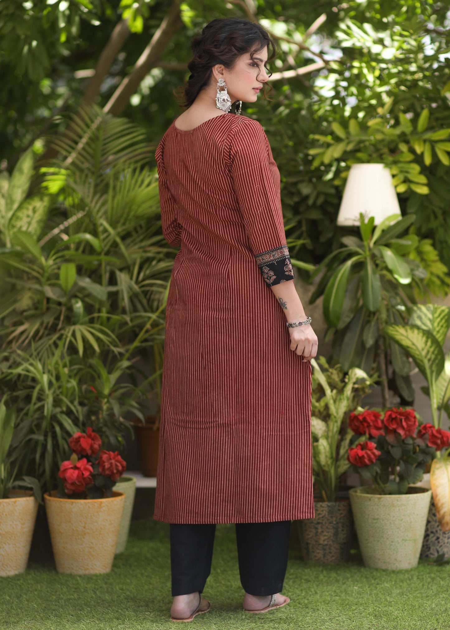 Smart Maroon Cotton Line Ajrakh Kurta