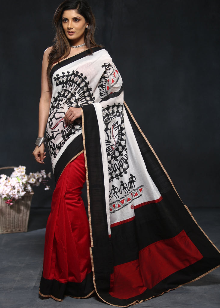 Hand painted warli art on red & white chanderi saree - Sujatra