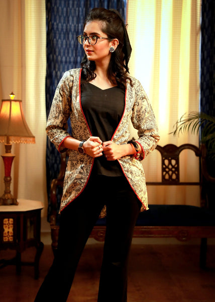 Madhubani printed layered jacket set with matching spaghetti top