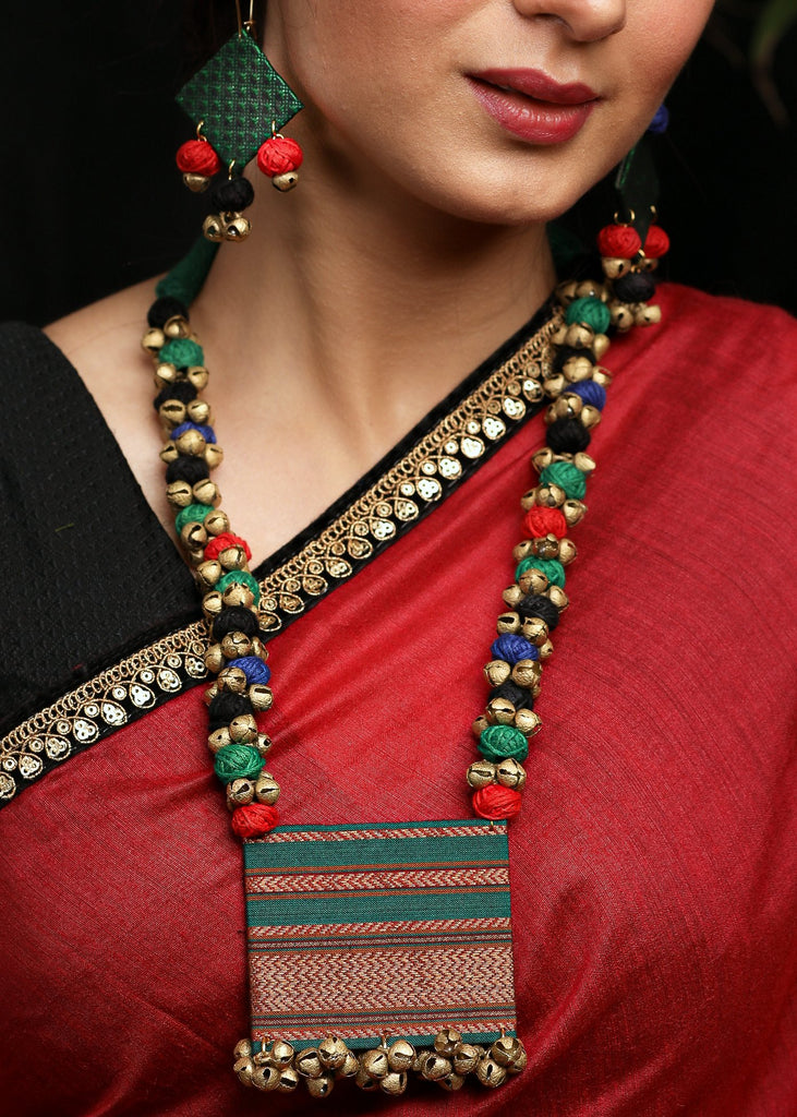 Green Khun fabric necklace with matching jhumkas