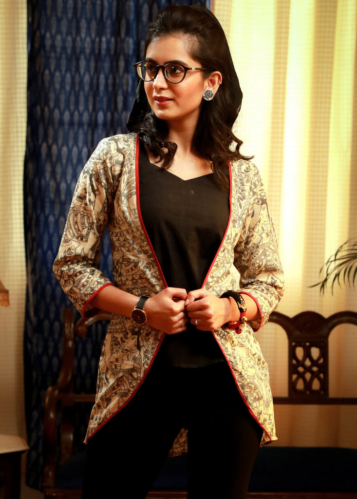 Madhubani printed layered jacket set with matching spaghetti top