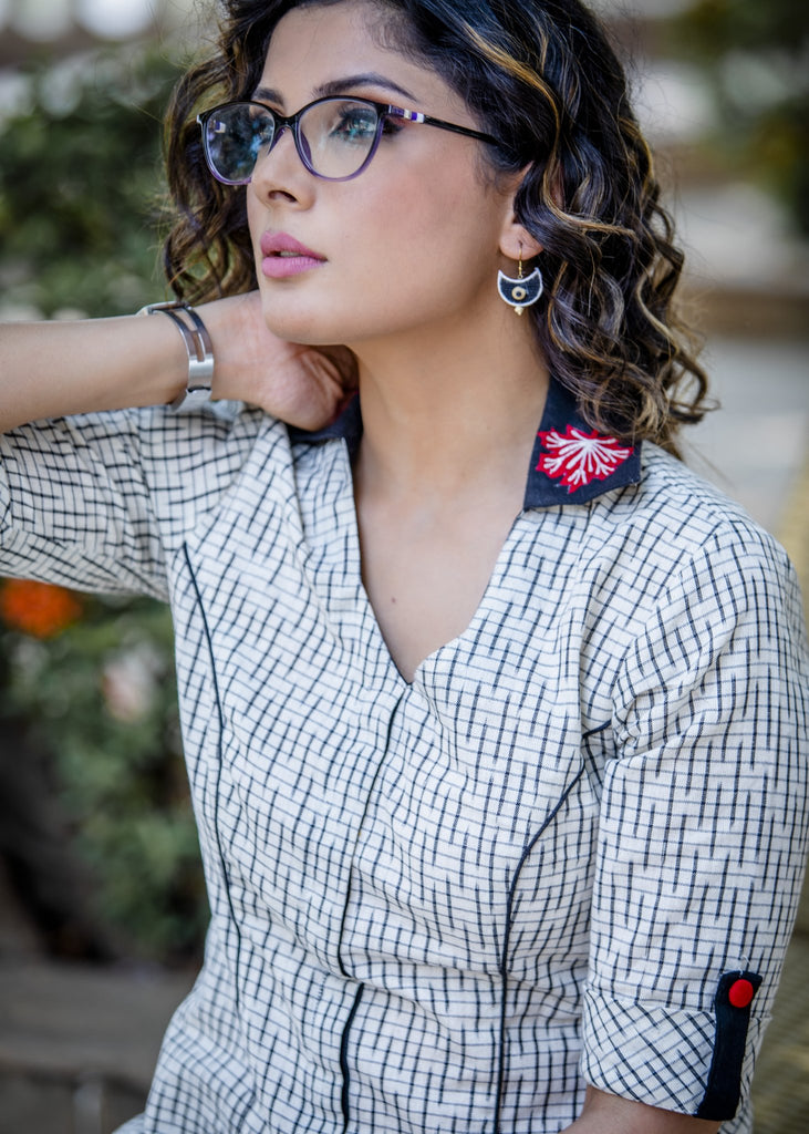 Exclusive Ikat dress with contrast red embroidery on collar