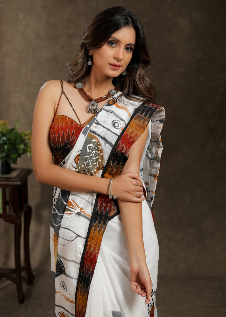 Beautiful white cotton handpainted saree with multicolour Ikkat