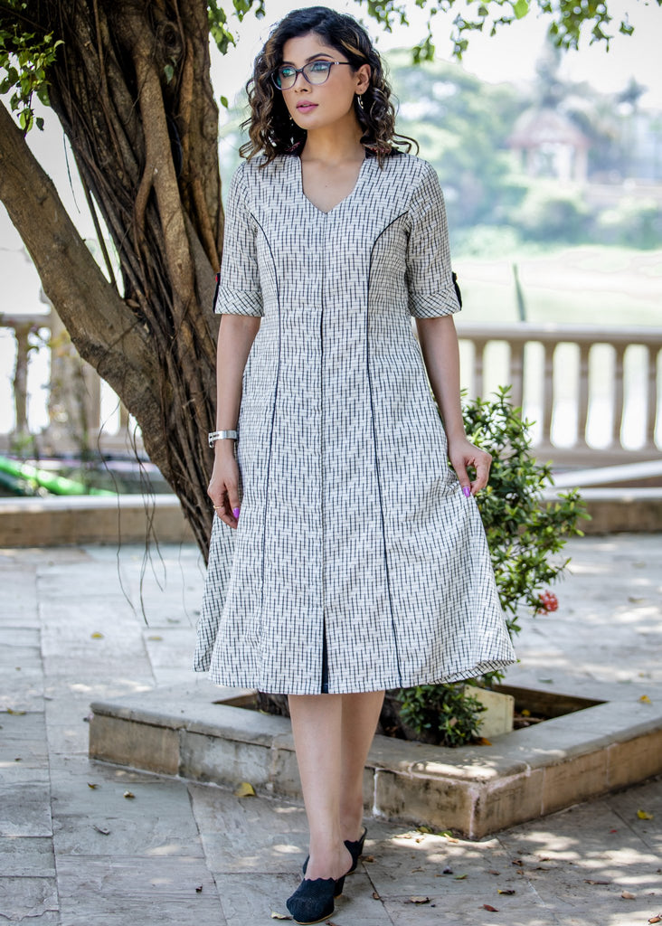 Exclusive Ikat dress with contrast red embroidery on collar