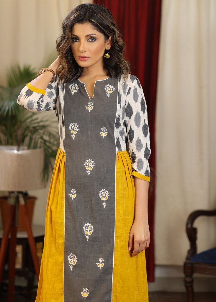 Mustard and gray ikat combination dress with front embroidered panel