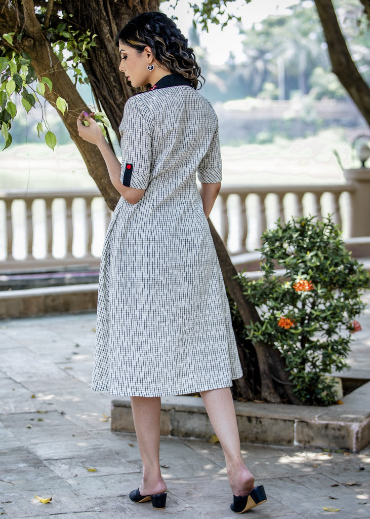 Exclusive Ikat dress with contrast red embroidery on collar