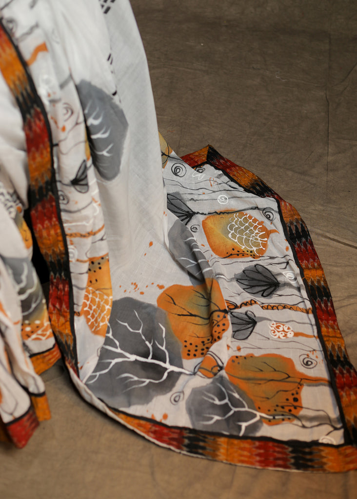 Beautiful white cotton handpainted saree with multicolour Ikkat