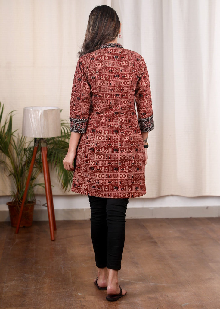 Exclusive animal print Ajrakh with Ajrakh yoke combination cotton tunic