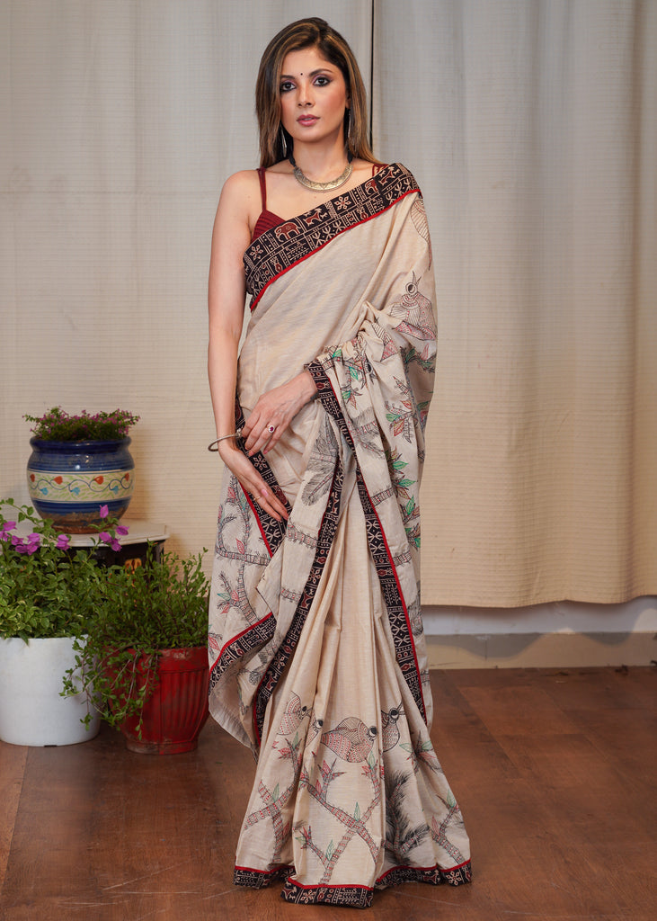 Beige cotton Handloom saree with exclusive Gond painting