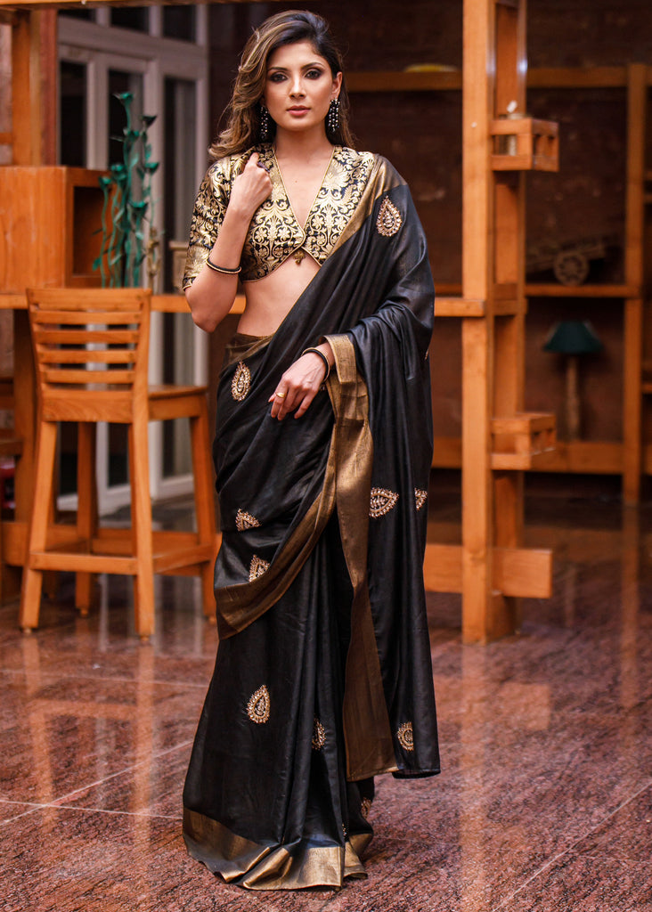 Black linen cotton saree with hand embroidered zardosi buta