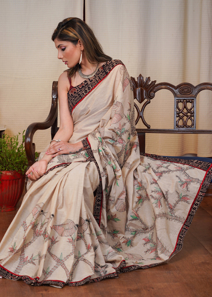 Beige cotton Handloom saree with exclusive Gond painting