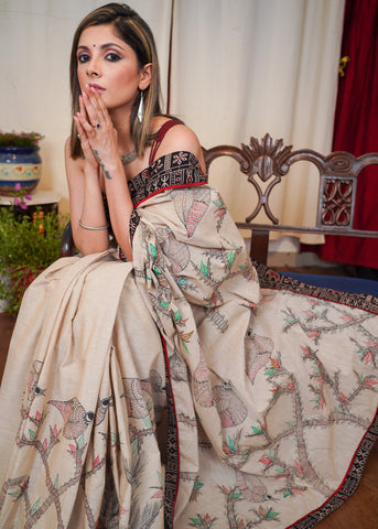 Beige cotton Handloom saree with exclusive Gond painting
