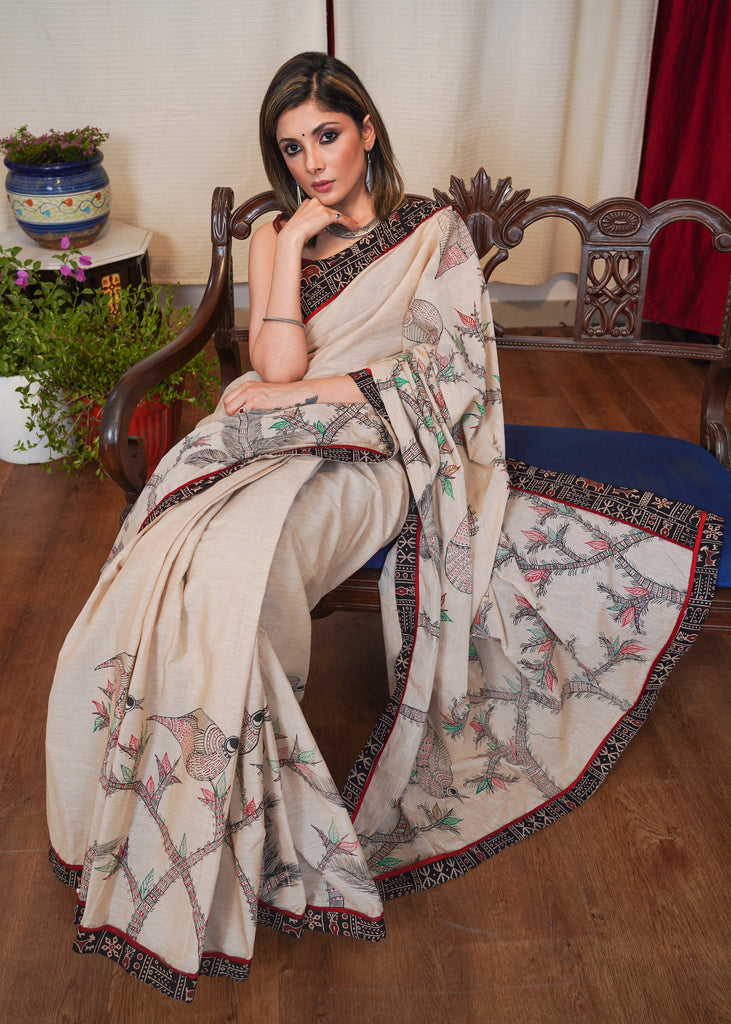 Beige cotton Handloom saree with exclusive Gond painting