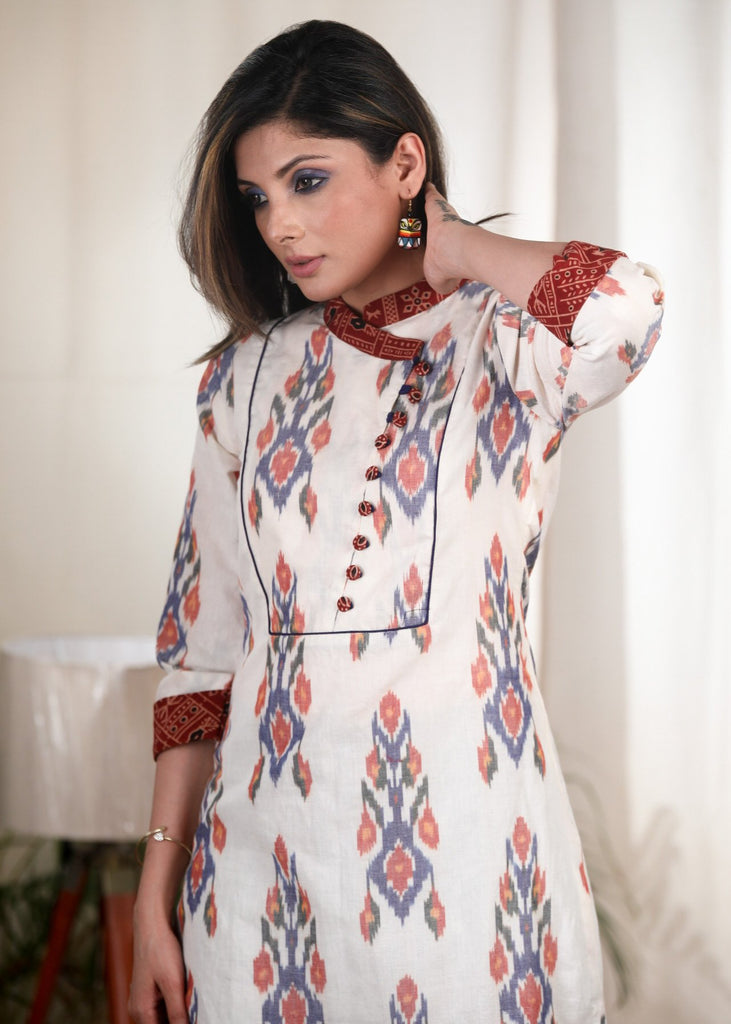 Exclusive white Ikat tunic with Ajrakh collar