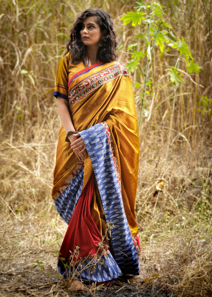 Exclusive golden khun saree with red semi silk pleats with kutch mirror work & ikat border