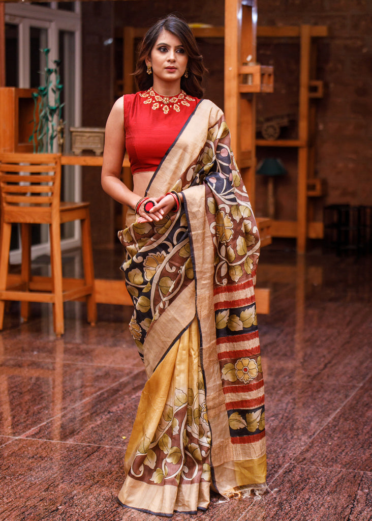 Exclusive Pure tassar silk saree with kalamkari design