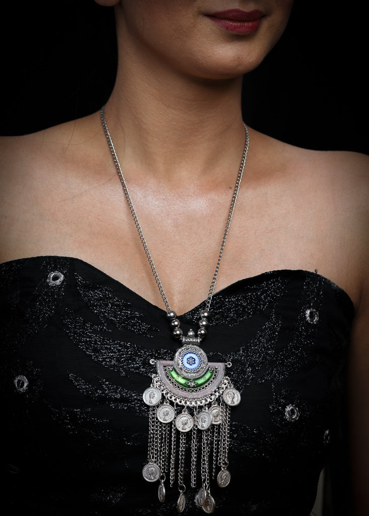 Oxidised coin work pendant neckpiece