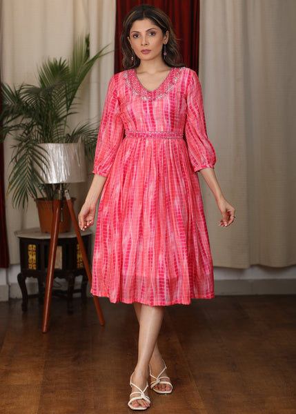 Beautiful Coral pink Shibori tie dye satin flared dress with glass beads hand embroidery