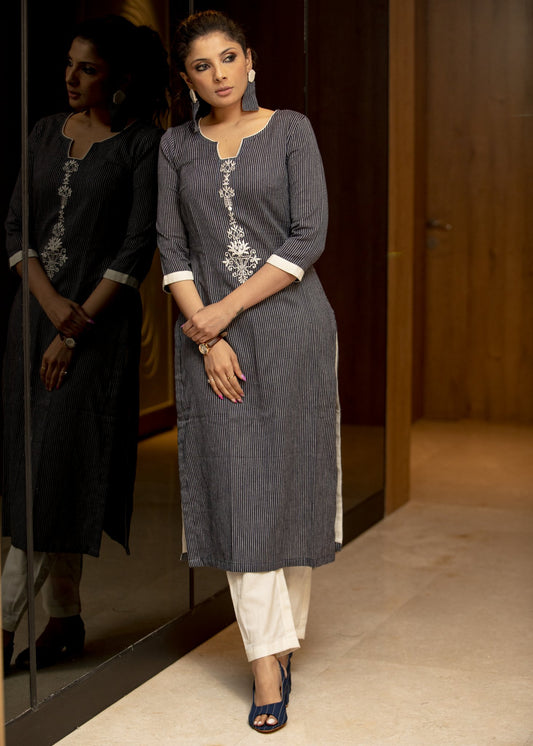 Navy blue pin striped straight cotton kurta with embroidery in front