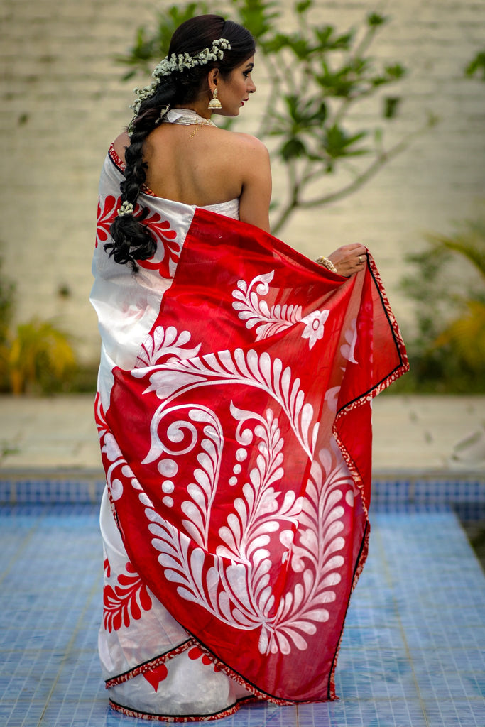Authentic hand painted Bengali alpana saree on chanderi