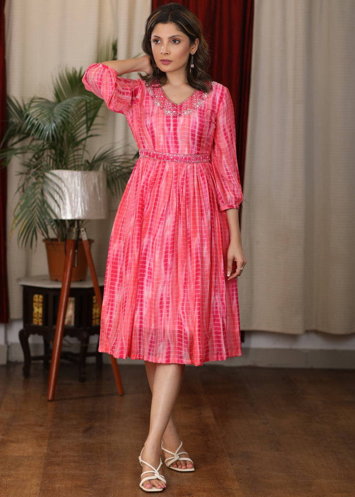 Beautiful Coral pink Shibori tie dye satin flared dress with glass beads hand embroidery