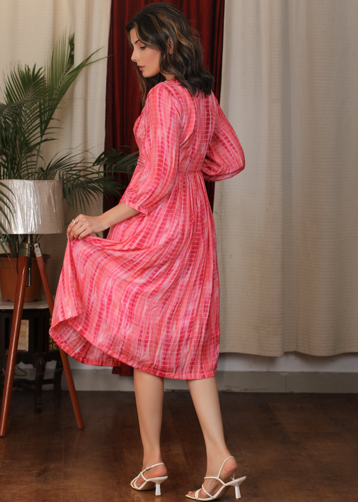 Beautiful Coral pink Shibori tie dye satin flared dress with glass beads hand embroidery