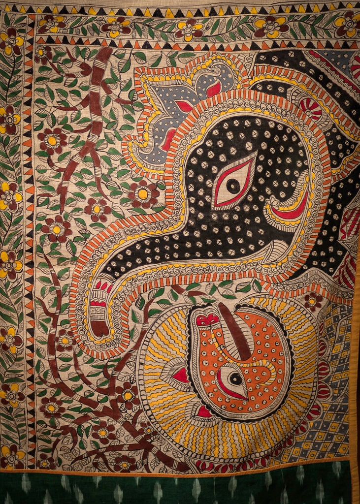 Orange handloom cotton saree with hand painted madhubani pallu and ikat border