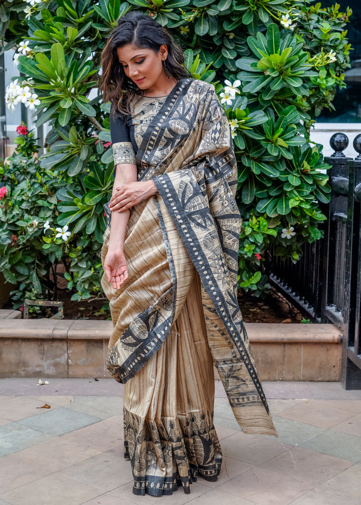 Beautiful beige pure Ghicha silk handpainted madhubani saree