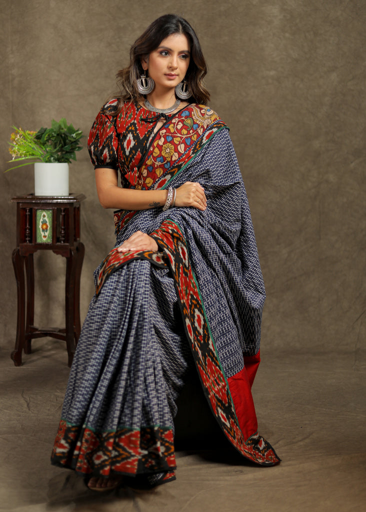 Blue Cotton Ikat checks saree with beautiful combination of Kalamkari and Ajrakh border