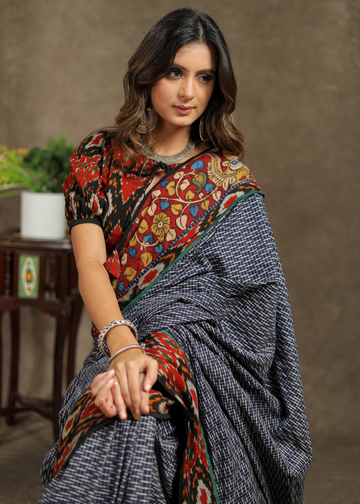 Blue Cotton Ikat checks saree with beautiful combination of Kalamkari and Ajrakh border