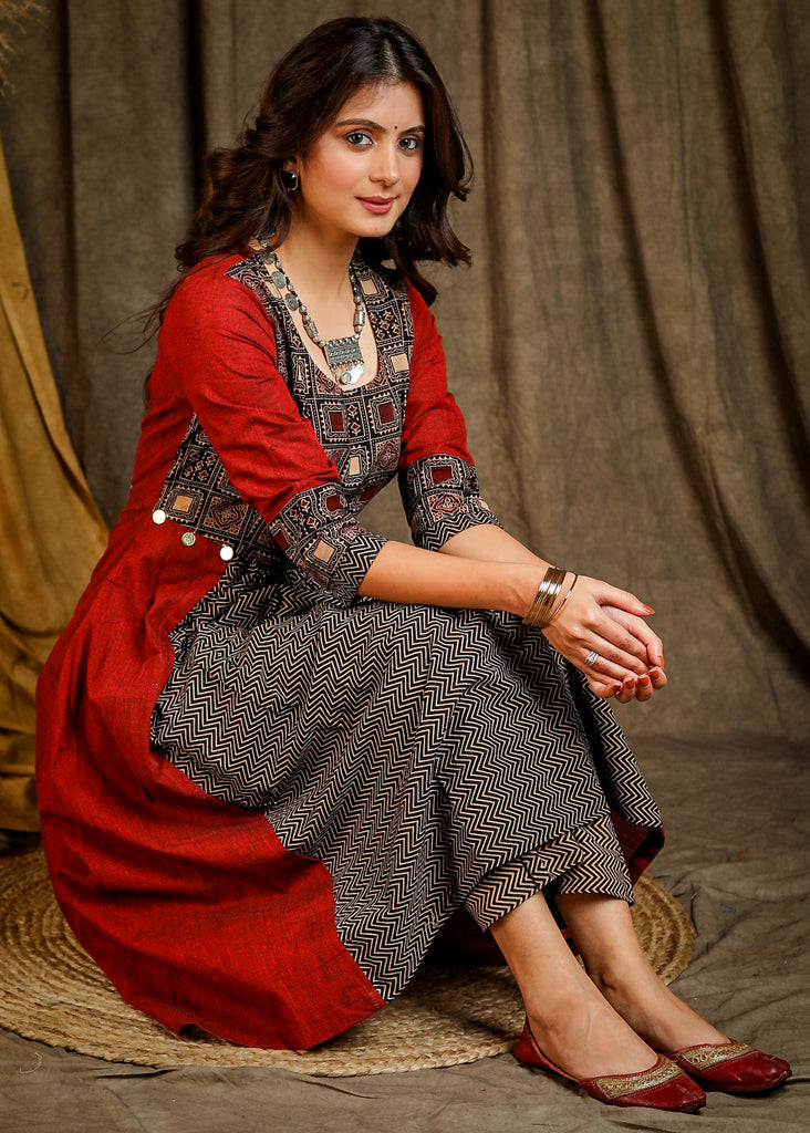 A-Line Cotton Ajrakh Combination Kurta with Gathers in front- Matching Pant Optional