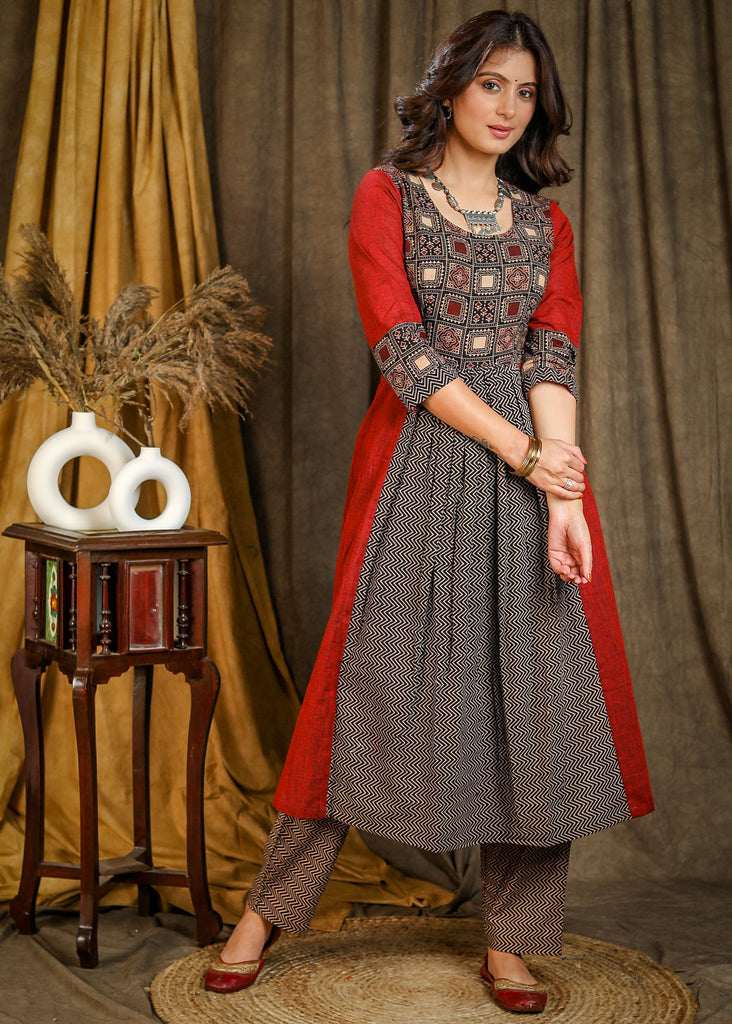 A-Line Cotton Ajrakh Combination Kurta with Gathers in front- Matching Pant Optional