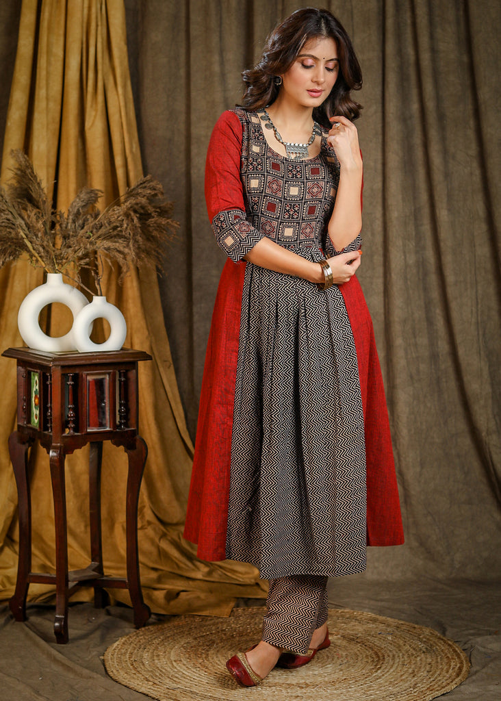 A-Line Cotton Ajrakh Combination Kurta with Gathers in front- Matching Pant Optional