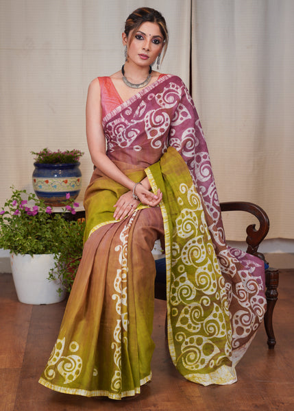 Pink & Green dyed exclusive hand Batik cotton saree