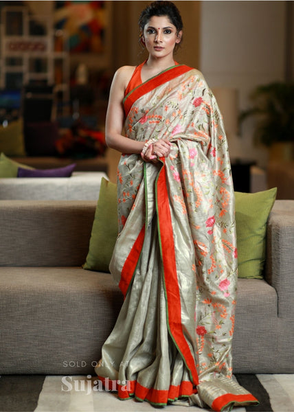 Exclusive embroidered silk linen saree