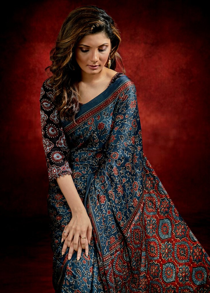 Exclusive dark blue block printed Ajrakh modal silk saree